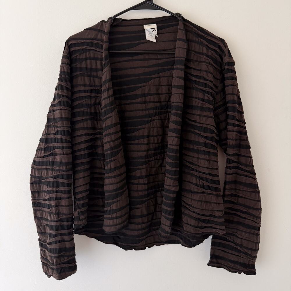 Textured Stripe Cardigan Jacket Brown Black Sheer Layered Art Wear Large USA‎